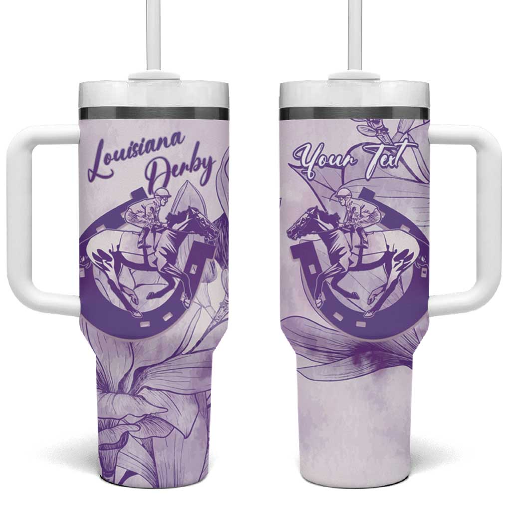 Personalized Louisiana Horse Racing Derby Tumbler With Handle Magnolia Blossom Horseshoe Pastel Purple