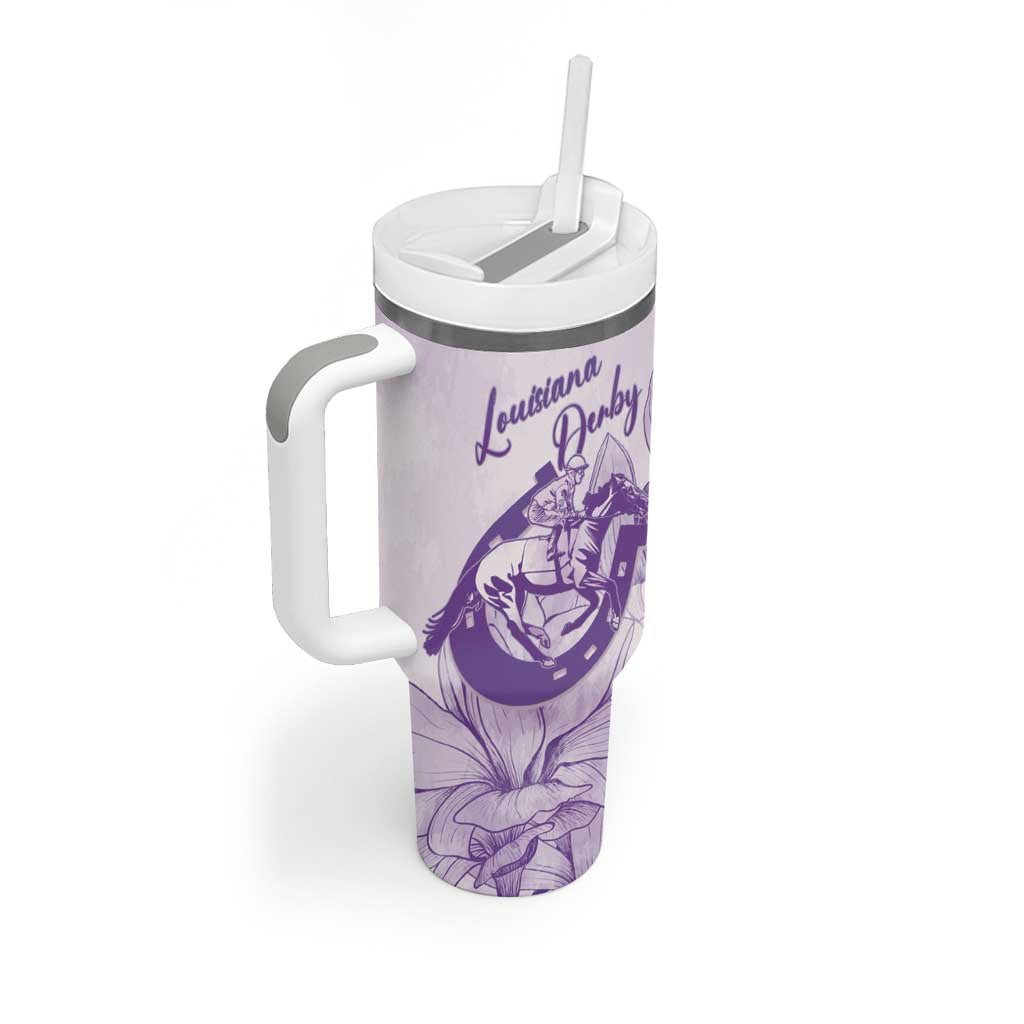 Personalized Louisiana Horse Racing Derby Tumbler With Handle Magnolia Blossom Horseshoe Pastel Purple