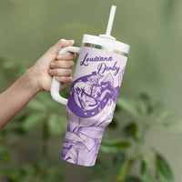 Personalized Louisiana Horse Racing Derby Tumbler With Handle Magnolia Blossom Horseshoe Pastel Purple