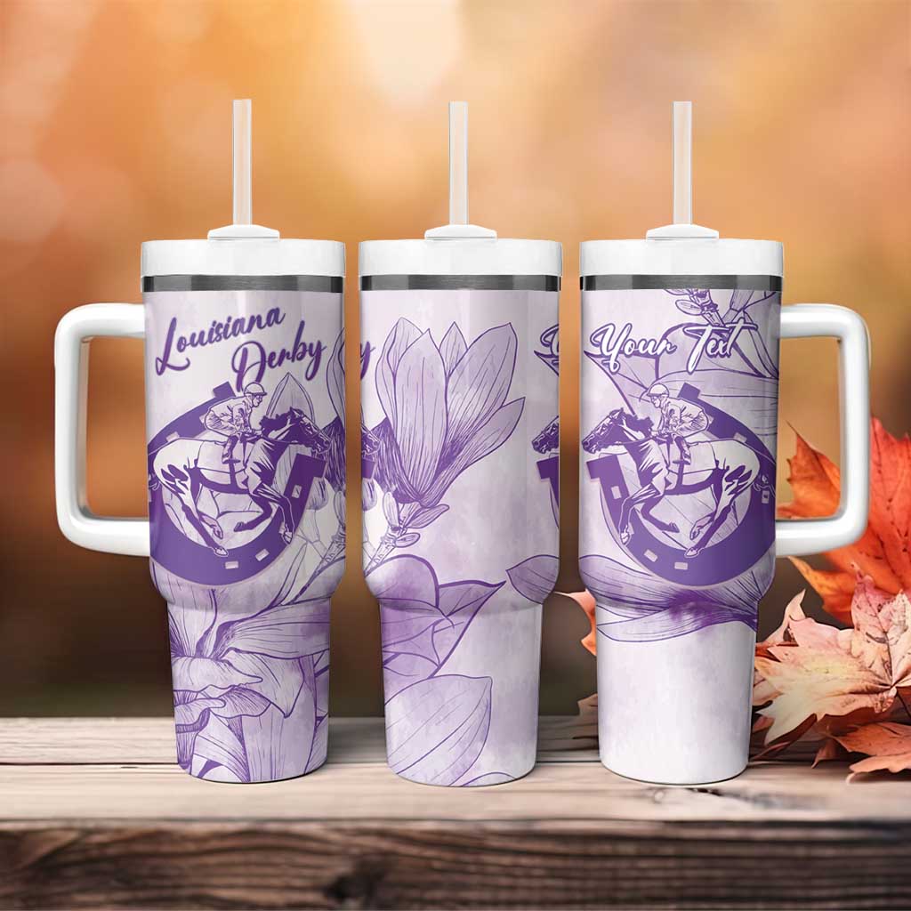 Personalized Louisiana Horse Racing Derby Tumbler With Handle Magnolia Blossom Horseshoe Pastel Purple
