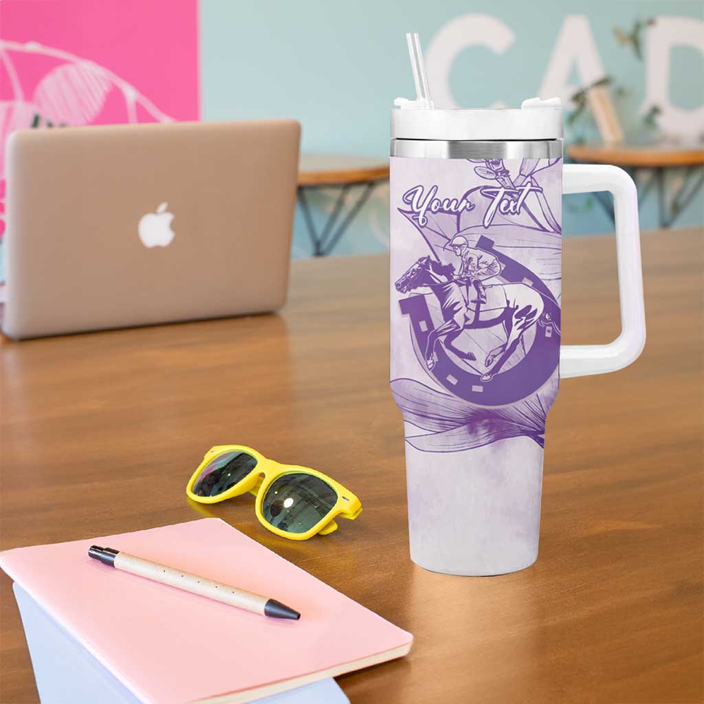 Personalized Louisiana Horse Racing Derby Tumbler With Handle Magnolia Blossom Horseshoe Pastel Purple