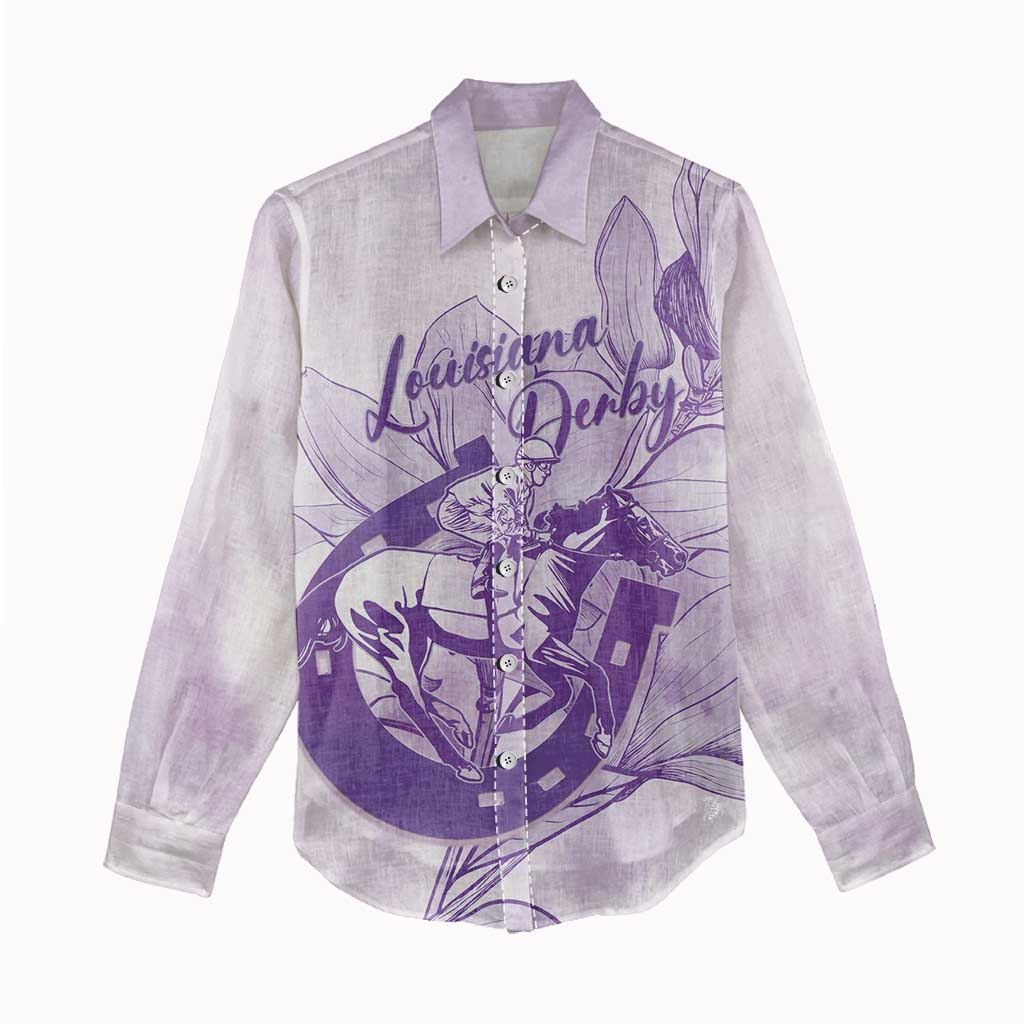 Personalized Louisiana Horse Racing Derby Women Casual Shirt Magnolia Blossom Horseshoe Pastel Purple