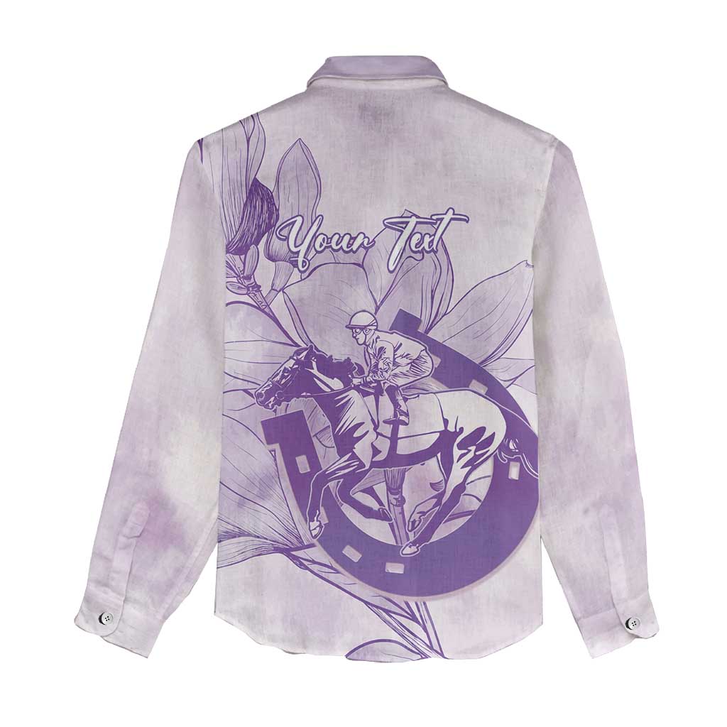 Personalized Louisiana Horse Racing Derby Women Casual Shirt Magnolia Blossom Horseshoe Pastel Purple