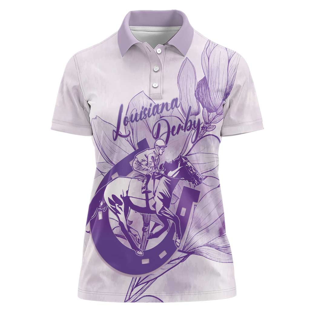 Personalized Louisiana Horse Racing Derby Women Polo Shirt Magnolia Blossom Horseshoe Pastel Purple