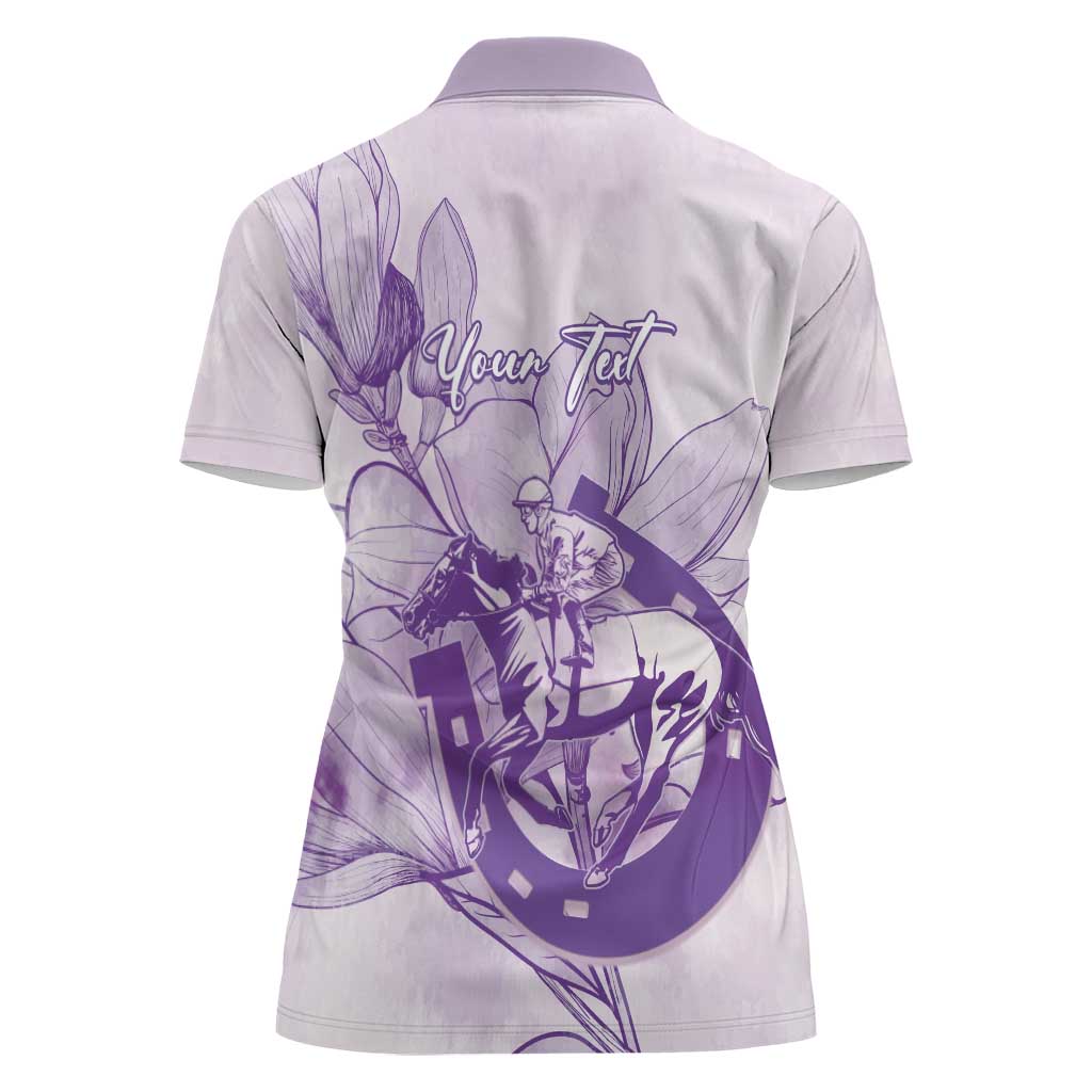 Personalized Louisiana Horse Racing Derby Women Polo Shirt Magnolia Blossom Horseshoe Pastel Purple