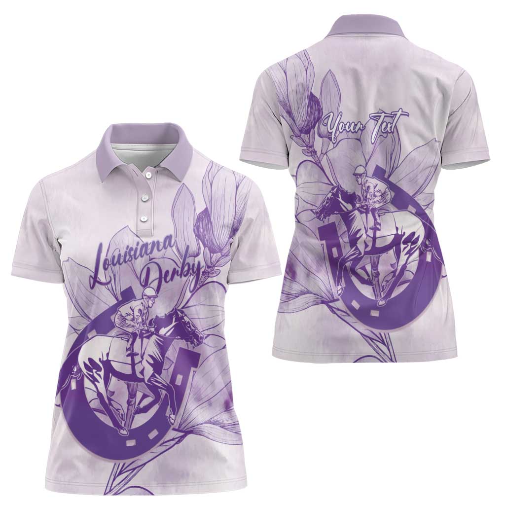Personalized Louisiana Horse Racing Derby Women Polo Shirt Magnolia Blossom Horseshoe Pastel Purple