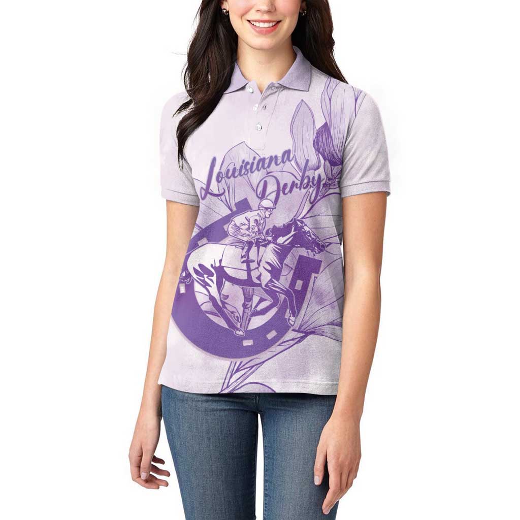 Personalized Louisiana Horse Racing Derby Women Polo Shirt Magnolia Blossom Horseshoe Pastel Purple