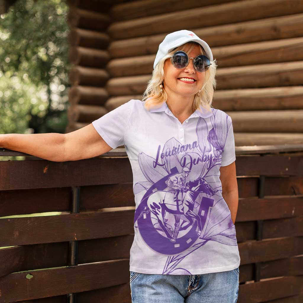 Personalized Louisiana Horse Racing Derby Women Polo Shirt Magnolia Blossom Horseshoe Pastel Purple