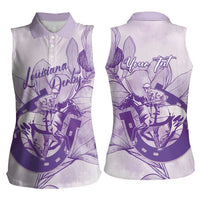 Personalized Louisiana Horse Racing Derby Women Sleeveless Polo Shirt Magnolia Blossom Horseshoe Pastel Purple