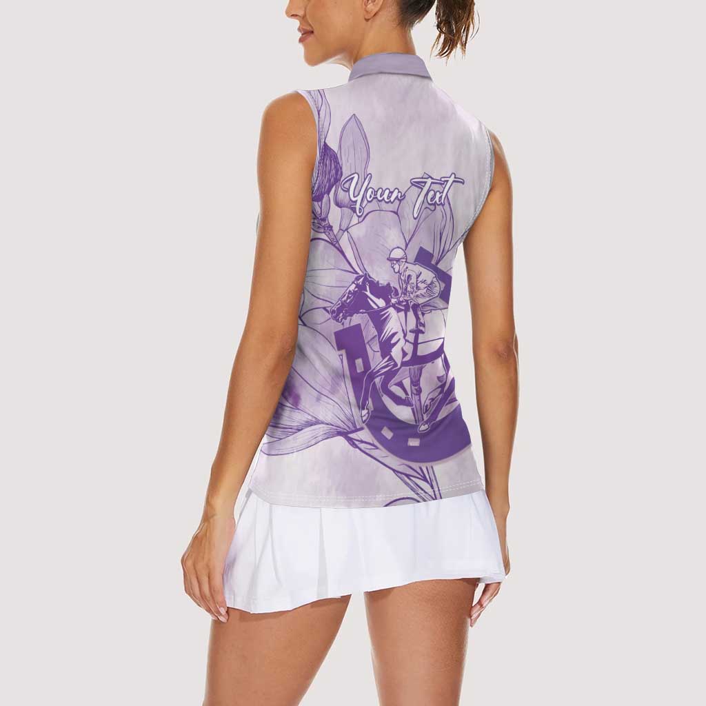 Personalized Louisiana Horse Racing Derby Women Sleeveless Polo Shirt Magnolia Blossom Horseshoe Pastel Purple