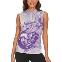 Personalized Louisiana Horse Racing Derby Women Sleeveless Polo Shirt Magnolia Blossom Horseshoe Pastel Purple