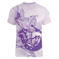 Personalized Louisiana Horse Racing Derby Women V-Neck T-Shirt Magnolia Blossom Horseshoe Pastel Purple