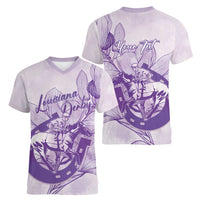 Personalized Louisiana Horse Racing Derby Women V-Neck T-Shirt Magnolia Blossom Horseshoe Pastel Purple