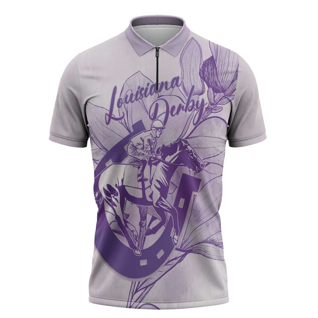 Personalized Louisiana Horse Racing Derby Zipper Polo Shirt Magnolia Blossom Horseshoe Pastel Purple