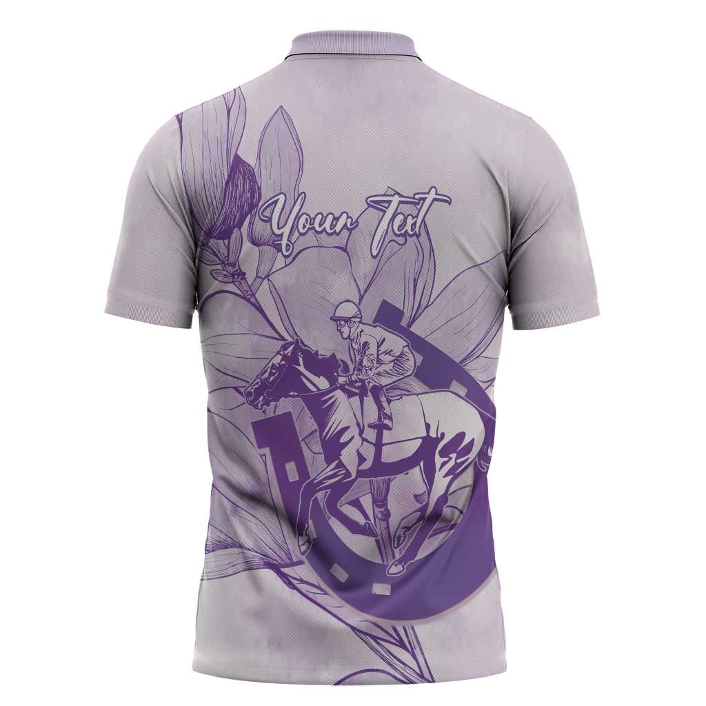 Personalized Louisiana Horse Racing Derby Zipper Polo Shirt Magnolia Blossom Horseshoe Pastel Purple