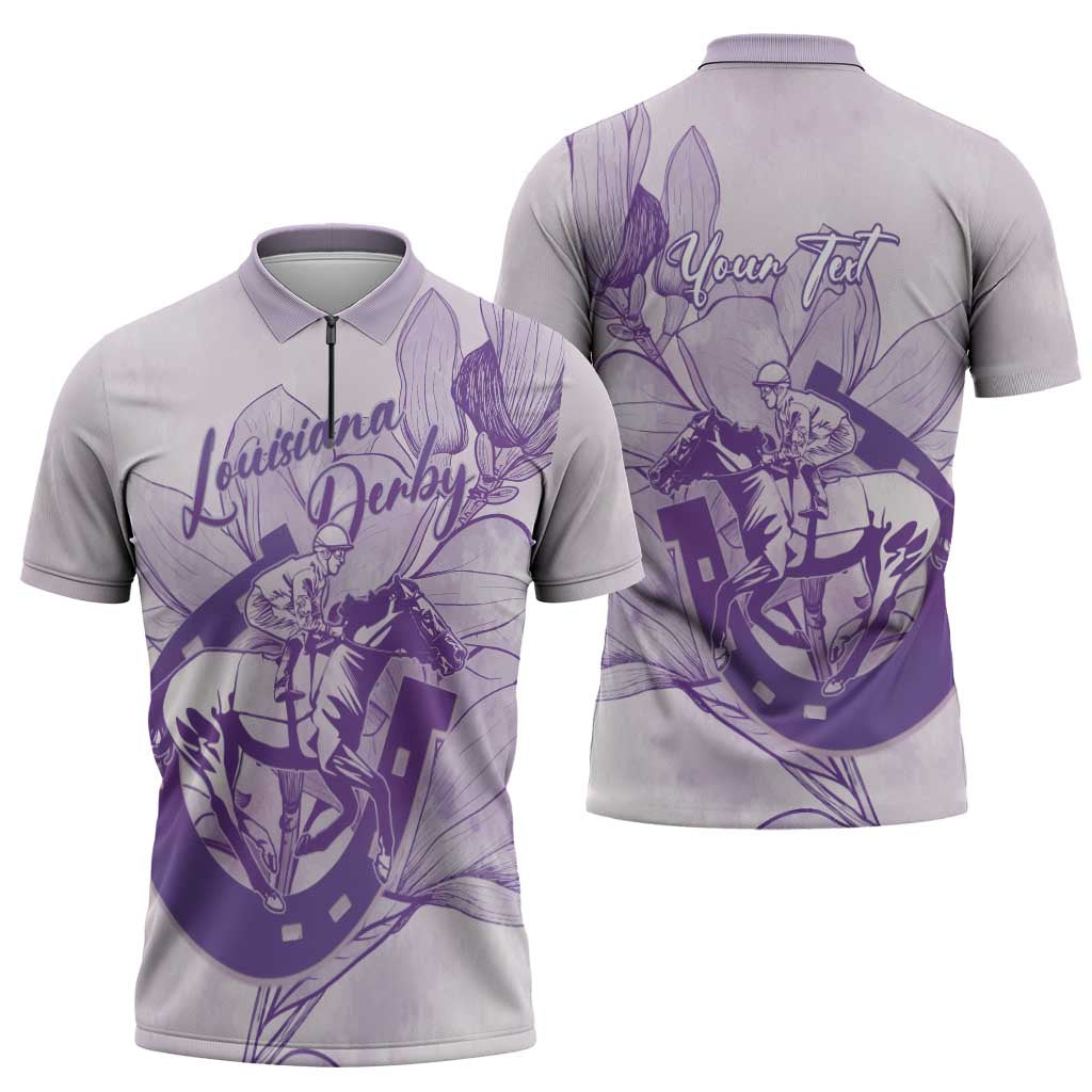 Personalized Louisiana Horse Racing Derby Zipper Polo Shirt Magnolia Blossom Horseshoe Pastel Purple