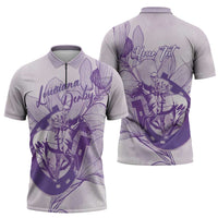 Personalized Louisiana Horse Racing Derby Zipper Polo Shirt Magnolia Blossom Horseshoe Pastel Purple
