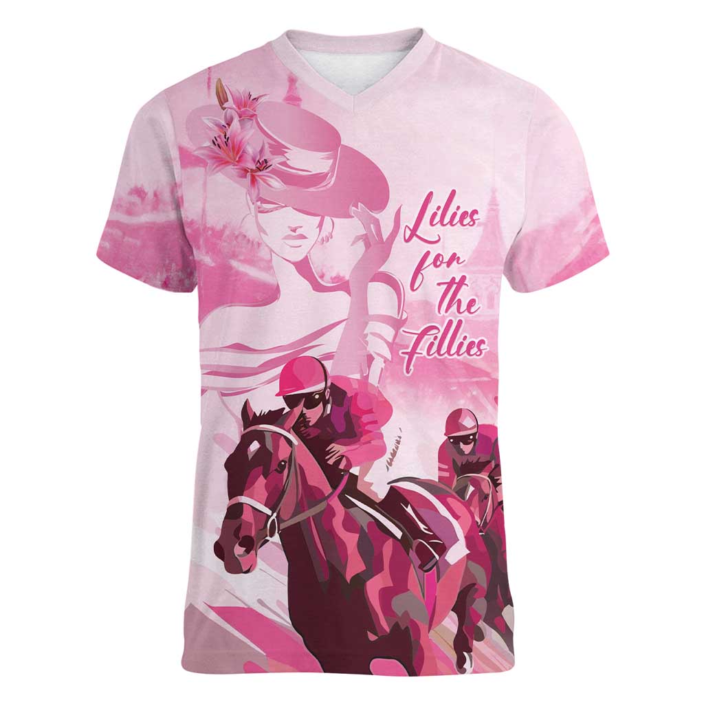 Kentucky Horse Racing Oaks Women V-Neck T-Shirt Lilies For The Fillies