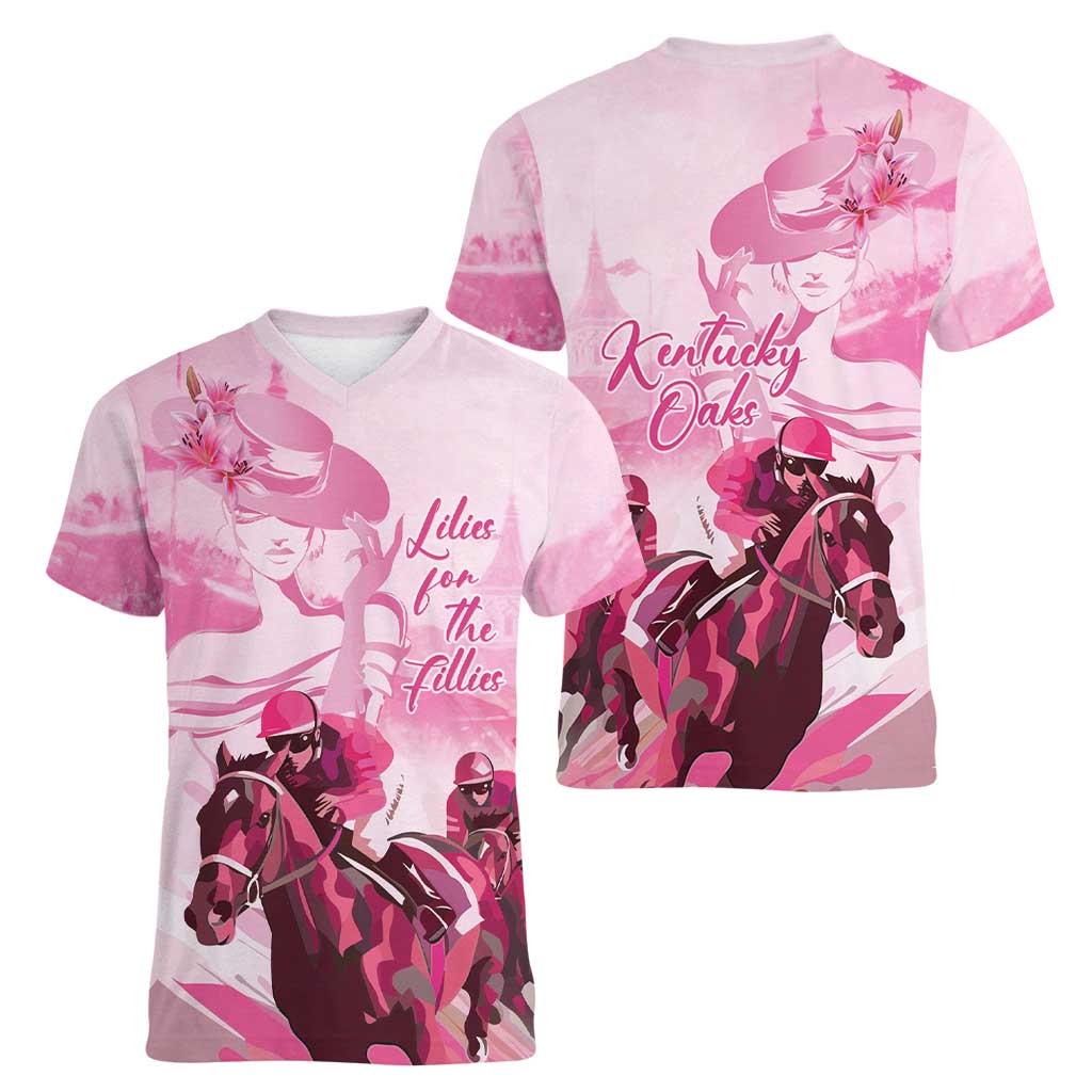 Kentucky Horse Racing Oaks Women V-Neck T-Shirt Lilies For The Fillies