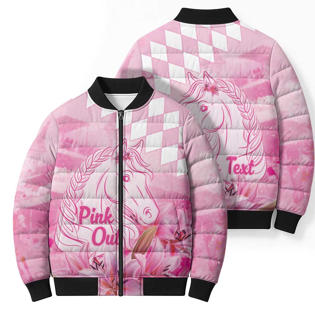 Kentucky Horse Racing Oaks Personalized Bomber Puffer Jacket Filly Lily Flowers Pink Out
