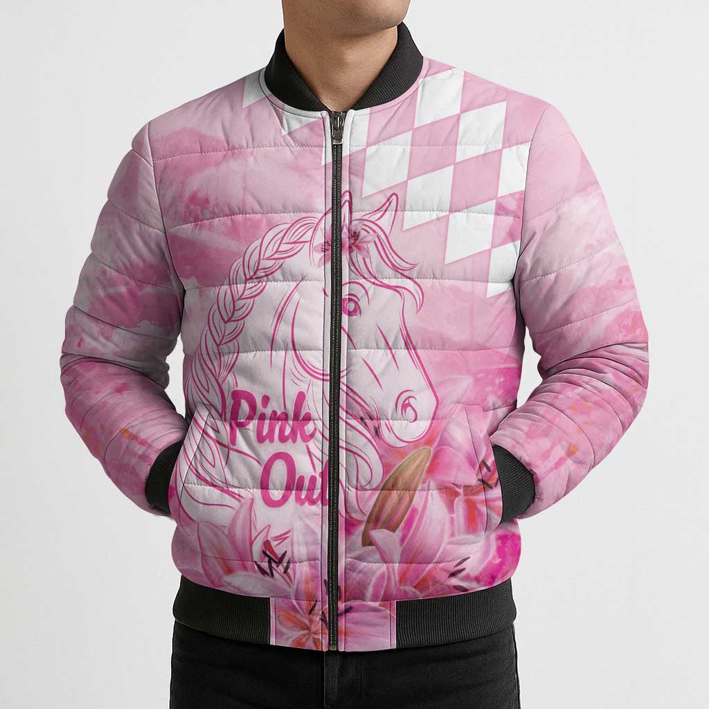 Kentucky Horse Racing Oaks Personalized Bomber Puffer Jacket Filly Lily Flowers Pink Out