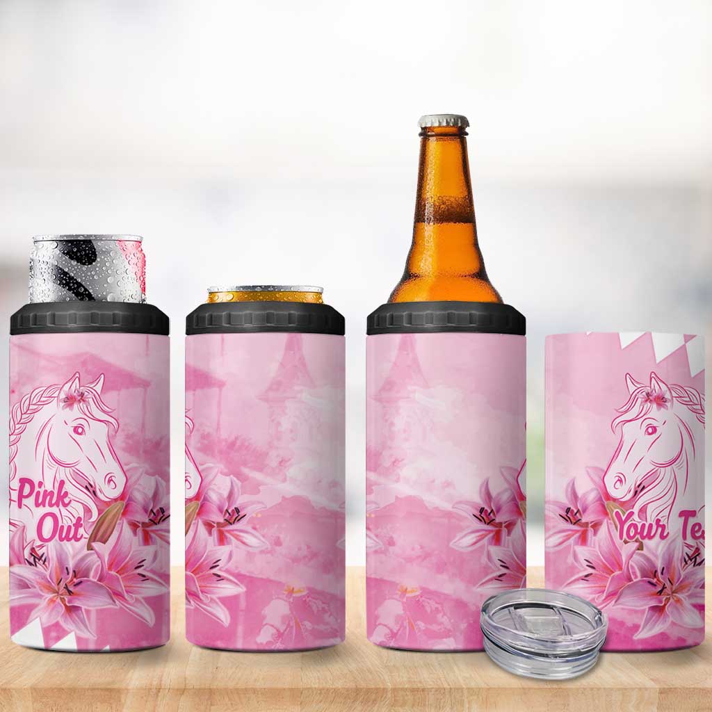Kentucky Horse Racing Oaks Personalized 4 in 1 Can Cooler Tumbler Filly Lily Flowers Pink Out