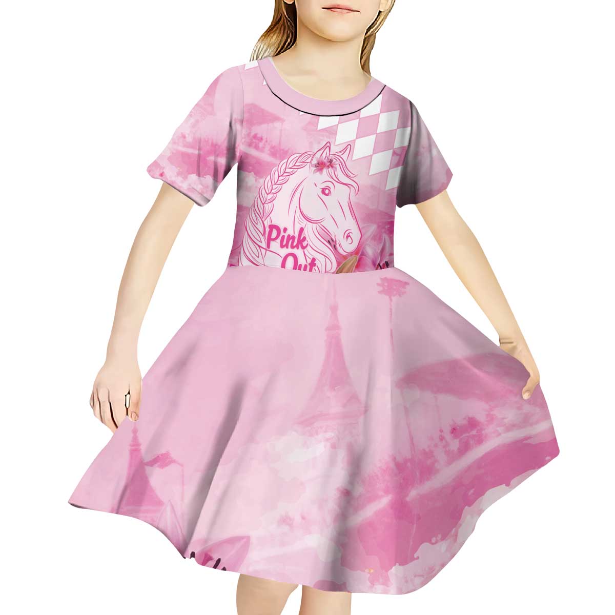 Kentucky Horse Racing Oaks Personalized Kid Short Sleeve Dress Filly Lily Flowers Pink Out