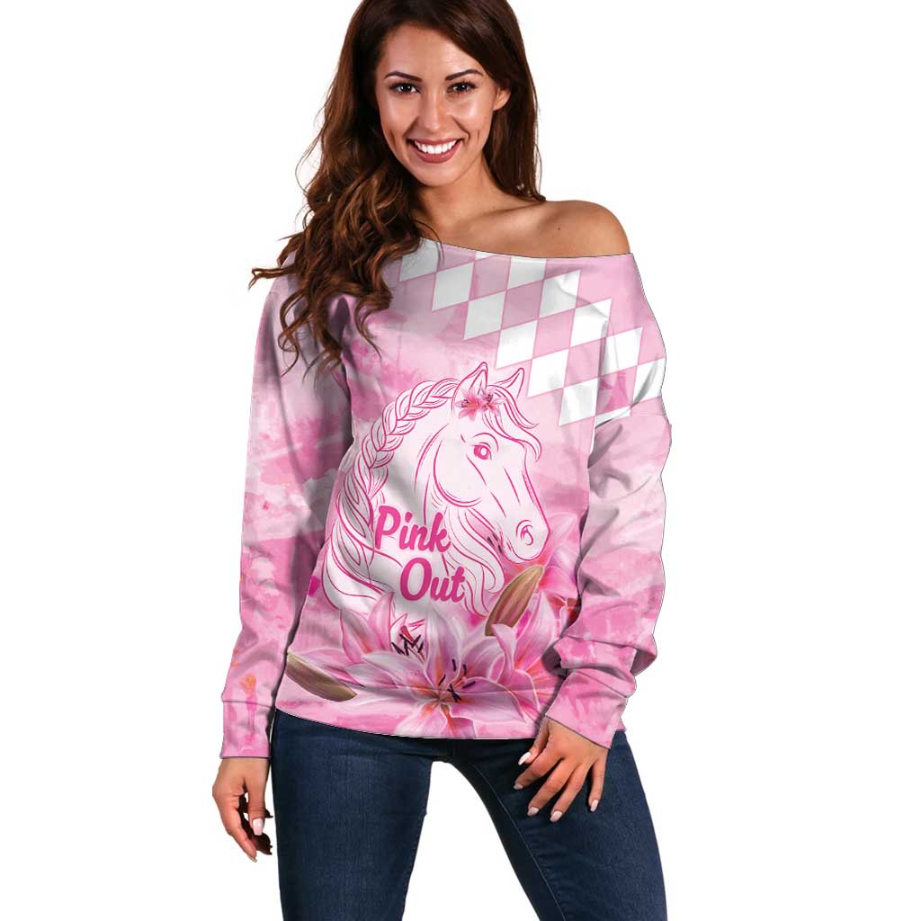 Kentucky Horse Racing Oaks Personalized Off Shoulder Sweater Filly Lily Flowers Pink Out