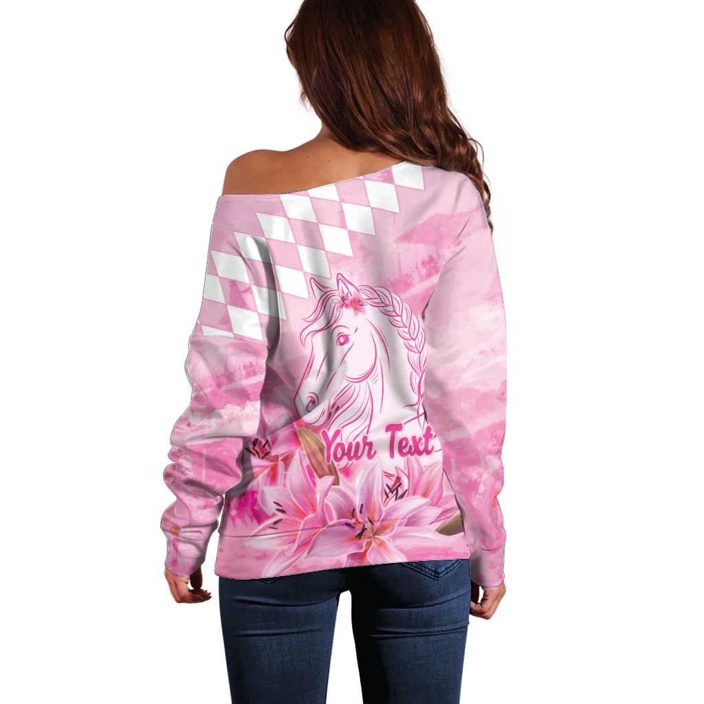 Kentucky Horse Racing Oaks Personalized Off Shoulder Sweater Filly Lily Flowers Pink Out