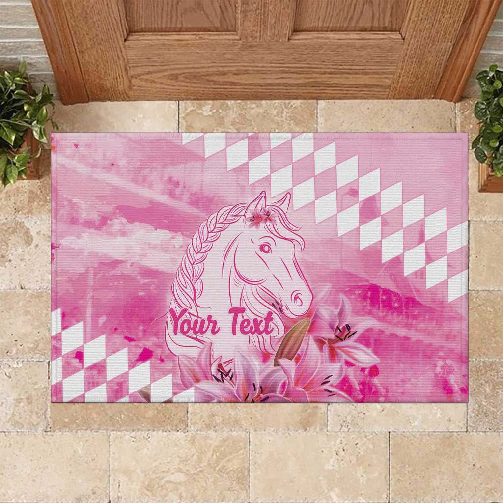 Kentucky Horse Racing Oaks Personalized Rubber Doormat Filly Lily Flowers Pink Out
