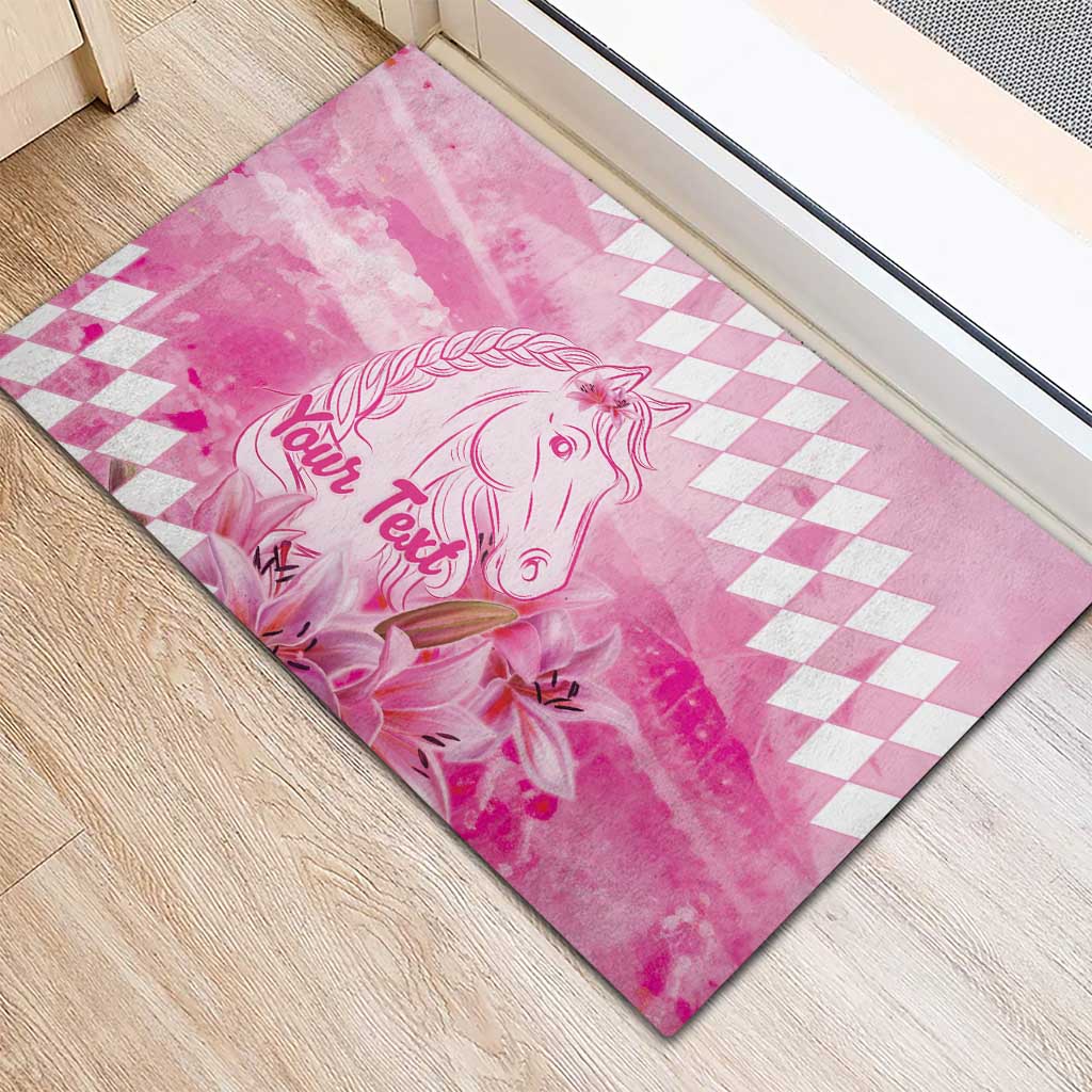 Kentucky Horse Racing Oaks Personalized Rubber Doormat Filly Lily Flowers Pink Out