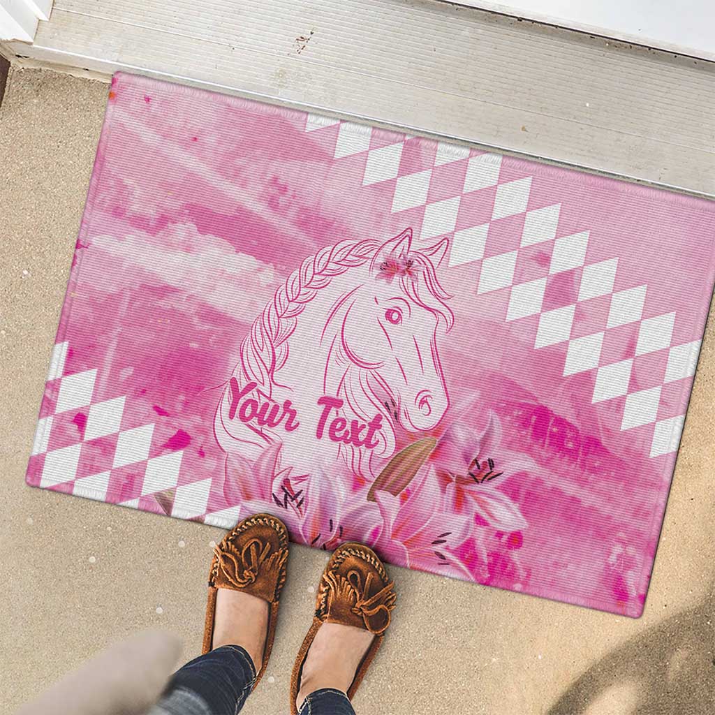 Kentucky Horse Racing Oaks Personalized Rubber Doormat Filly Lily Flowers Pink Out