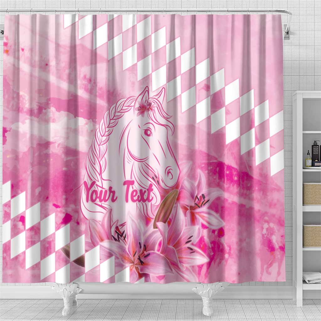 Kentucky Horse Racing Oaks Personalized Shower Curtain Filly Lily Flowers Pink Out
