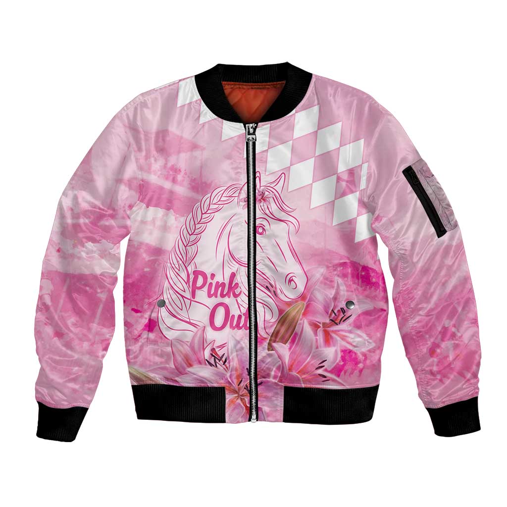 Kentucky Horse Racing Oaks Personalized Sleeve Zip Bomber Jacket Filly Lily Flowers Pink Out