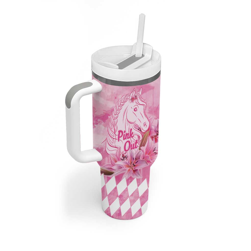 Kentucky Horse Racing Oaks Personalized Tumbler With Handle Filly Lily Flowers Pink Out