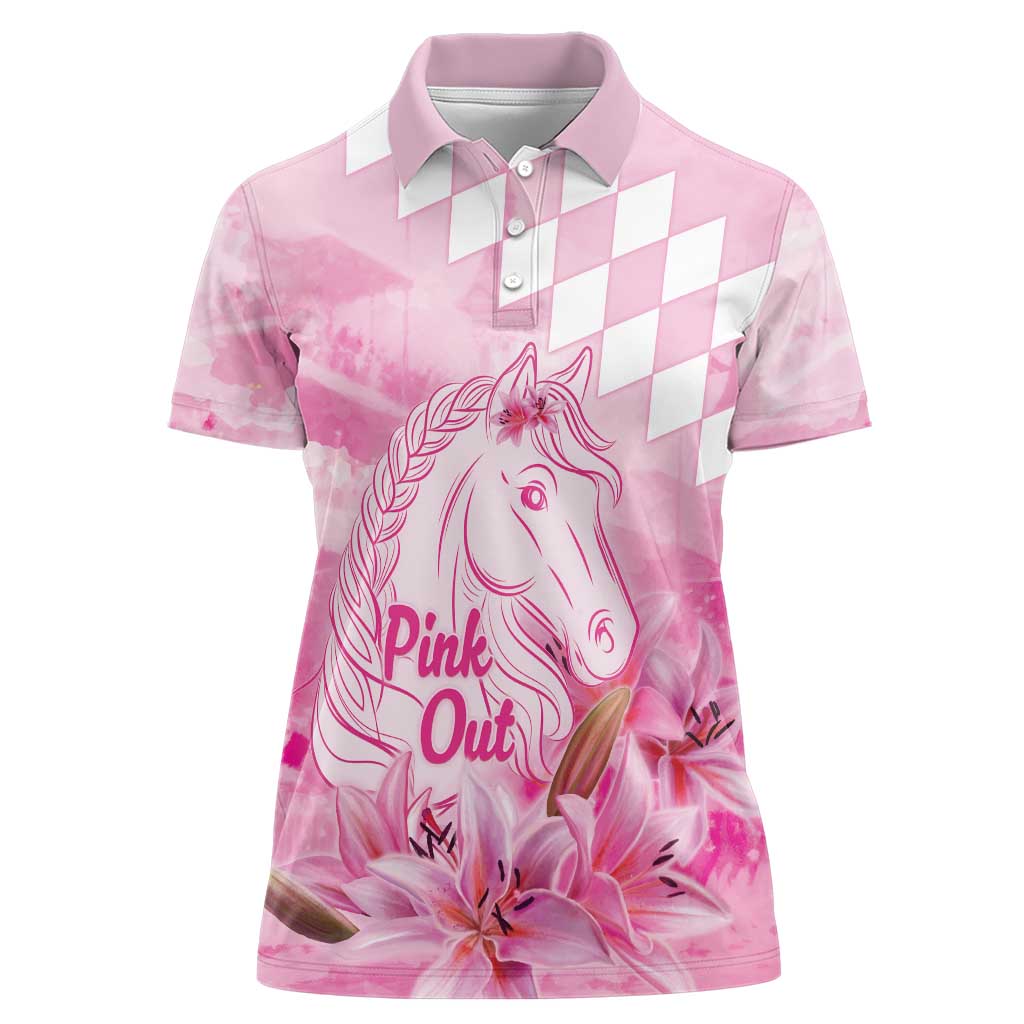 Kentucky Horse Racing Oaks Personalized Women Polo Shirt Filly Lily Flowers Pink Out