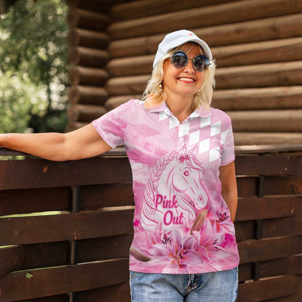 Kentucky Horse Racing Oaks Personalized Women Polo Shirt Filly Lily Flowers Pink Out