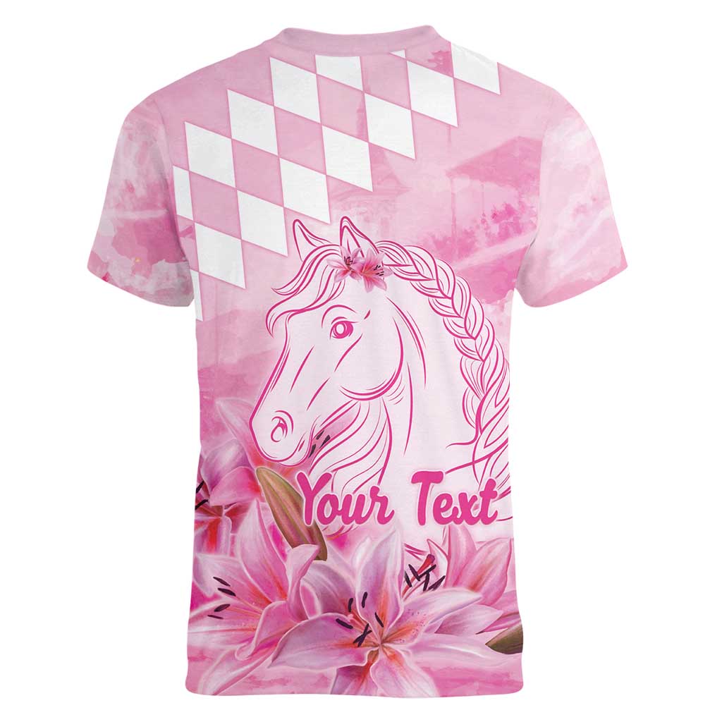 Kentucky Horse Racing Oaks Personalized Women V-Neck T-Shirt Filly Lily Flowers Pink Out