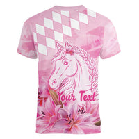 Kentucky Horse Racing Oaks Personalized Women V-Neck T-Shirt Filly Lily Flowers Pink Out
