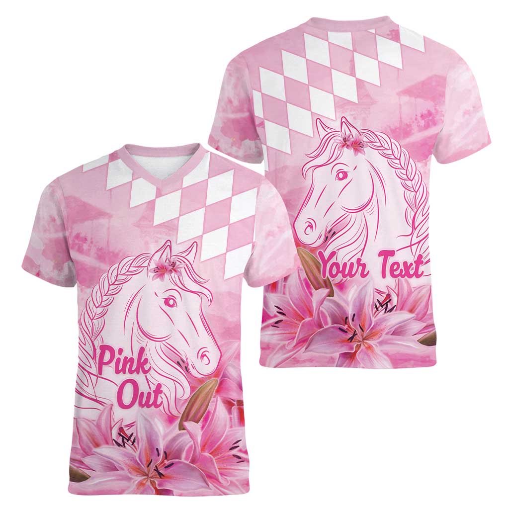 Kentucky Horse Racing Oaks Personalized Women V-Neck T-Shirt Filly Lily Flowers Pink Out
