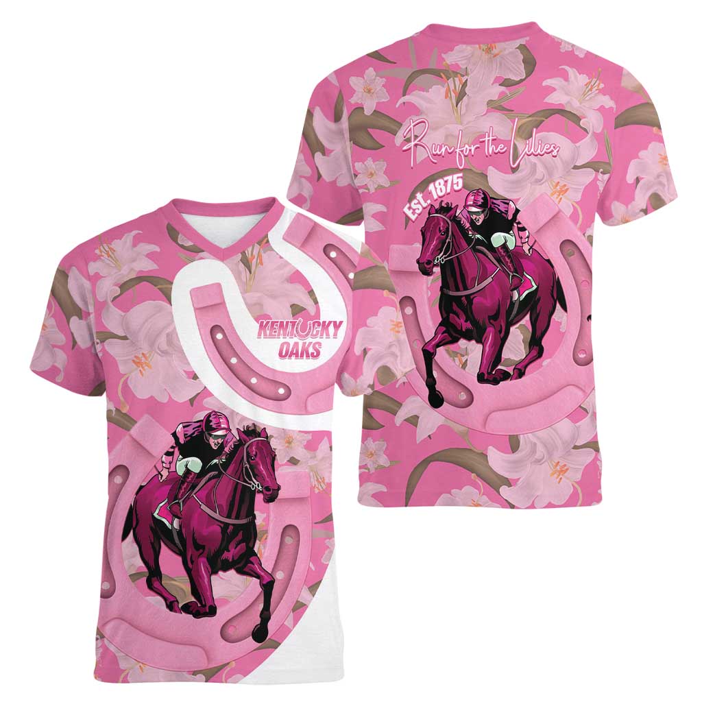 Kentucky Horse Racing Oaks Women V-Neck T-Shirt Est 1875 Run For The Lilies