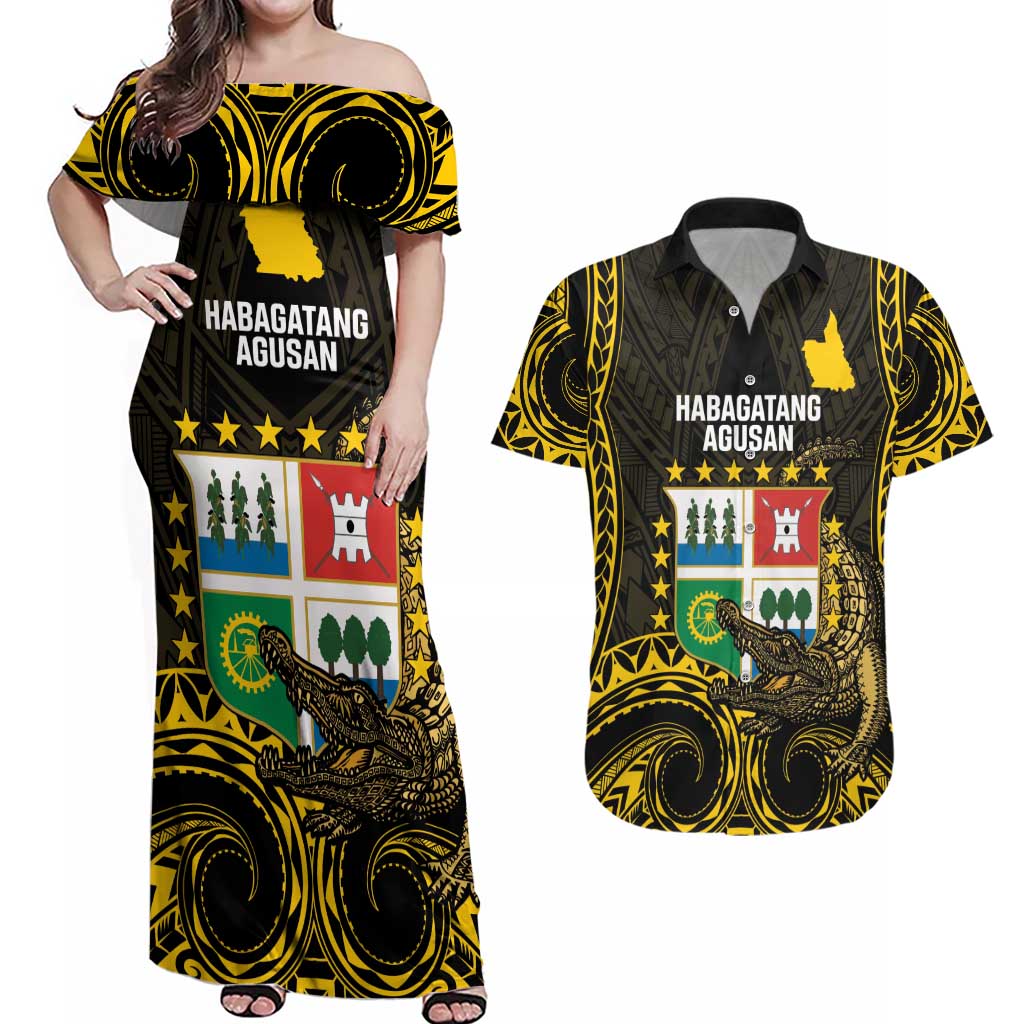Agusan del Sur Philippines Couples Matching Off Shoulder Maxi Dress and Hawaiian Shirt Habagatang Agusan Lolong