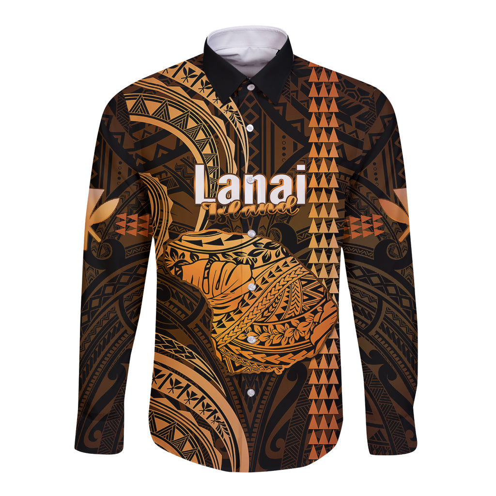 Polynesian Pride Hawaiian Islands Long Sleeve Button Shirt Lani Map Gold Kanaka With Kakau - Wonder Print Shop