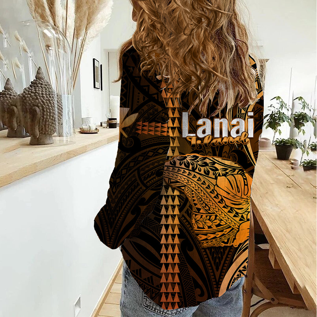 Women's casual Hawaiian shirt with black, gold and orange tribal print, 'Lanai'