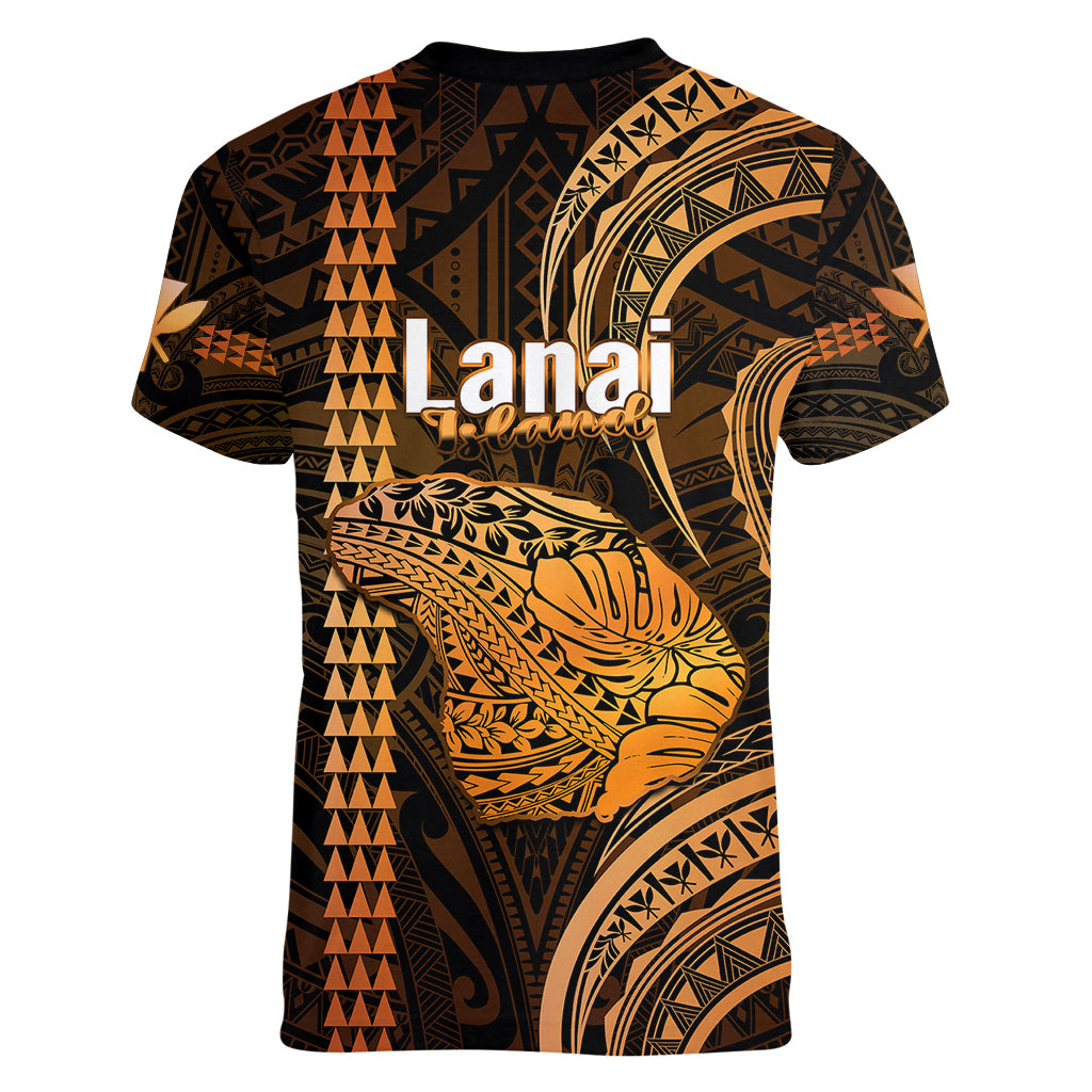Polynesian Pride Hawaiian Islands Women V Neck T Shirt Lani Map Gold Kanaka With Kakau - Wonder Print Shop