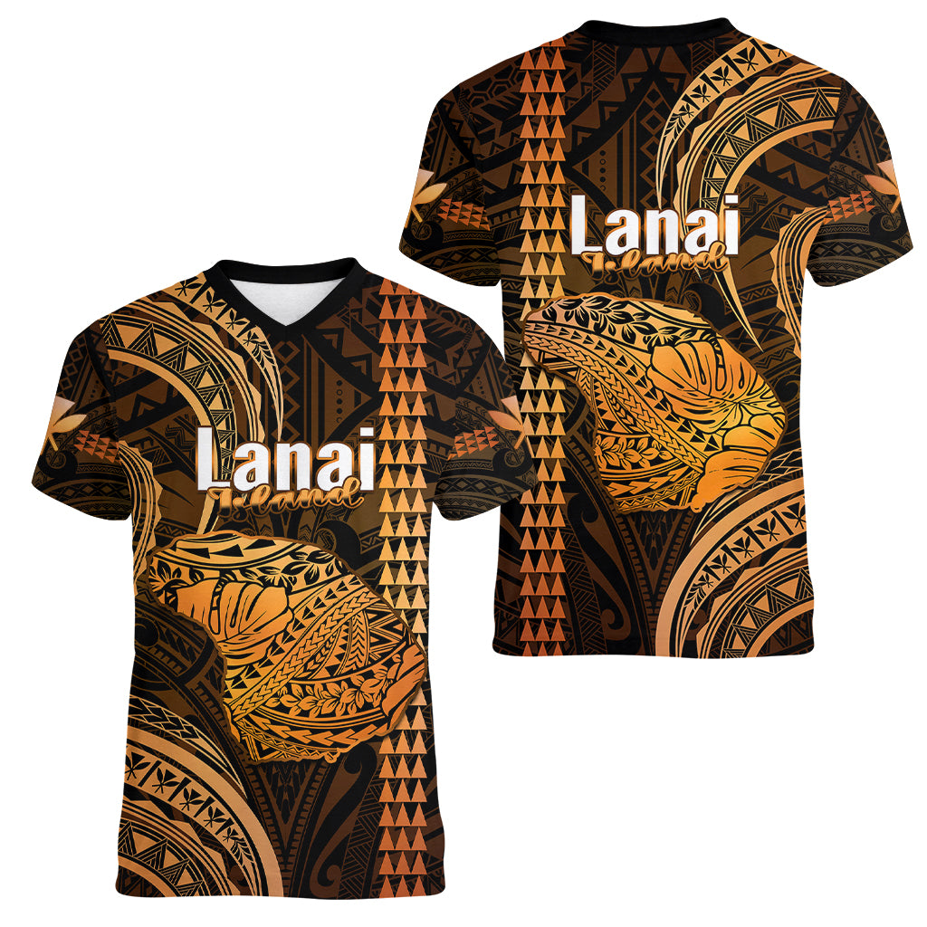 Polynesian Pride Hawaiian Islands Women V Neck T Shirt Lani Map Gold Kanaka With Kakau - Wonder Print Shop