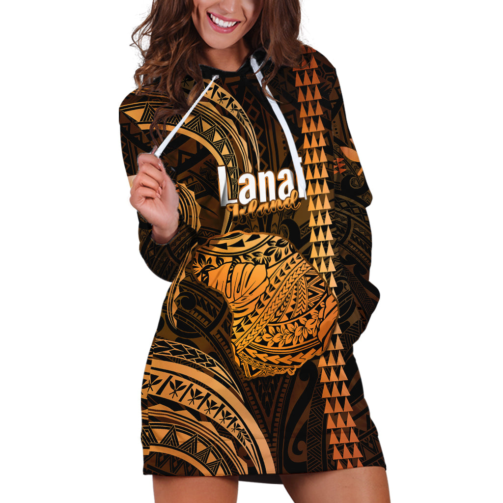 Personalised Hawaiian Islands Hoodie Dress Lani Map Gold Kanaka With Kakau - Wonder Print Shop