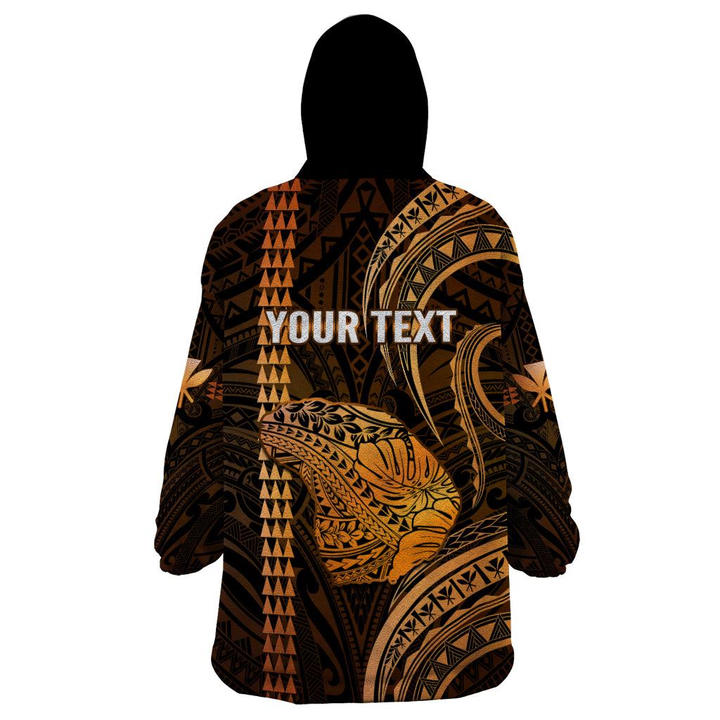 Personalised Hawaiian Islands Wearable Blanket Hoodie Lani Map Gold Kanaka With Kakau - Wonder Print Shop