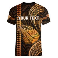 Personalised Hawaiian Islands Women V Neck T Shirt Lani Map Gold Kanaka With Kakau - Wonder Print Shop