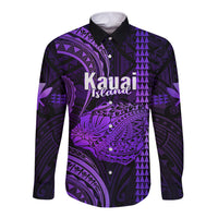 Polynesian Pride Hawaiian Islands Long Sleeve Button Shirt Kauai Map Purple Kanaka With Kakau - Wonder Print Shop
